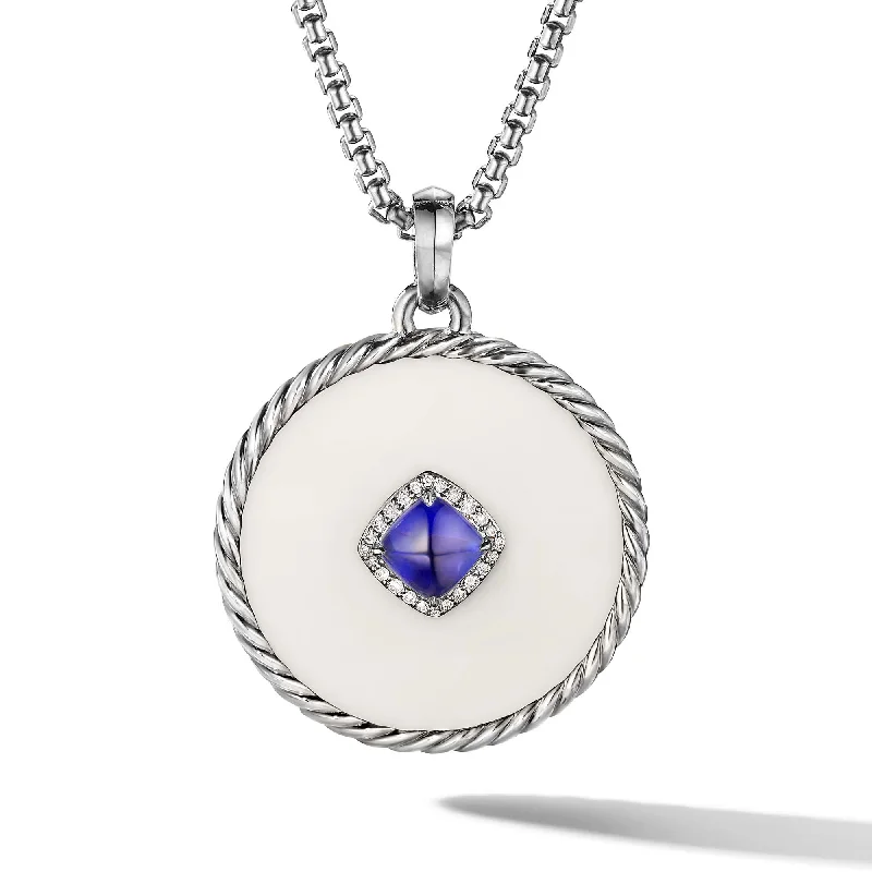 DY Elements Two Stone Disc Pendant in White Gold with Mother of Pearl, Tanzanite and Pave Diamonds