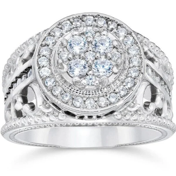 10k White Gold 1ct TDW Halo Diamond Pave Engagement Ring