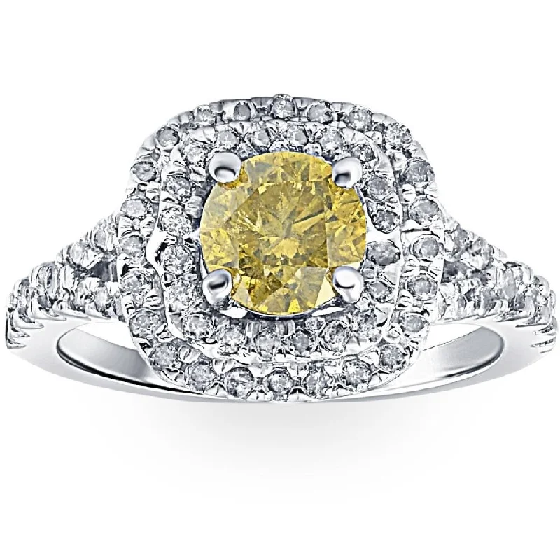 1 5/8CT Fancy Yellow Diamond Double Cushion Halo Engagement Ring 14k White Gold