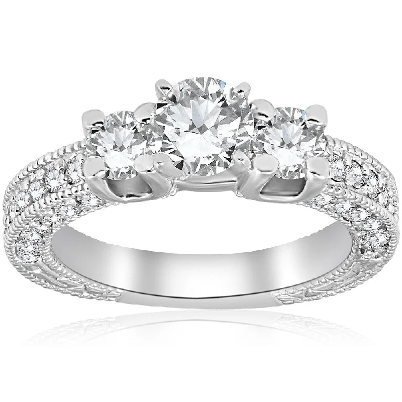 Pompeii3 14K White Gold 2 ct TDW Diamond Clarity Enhanced Three Stone Vintage Engagement Ring (G-H/SI1-SI2)