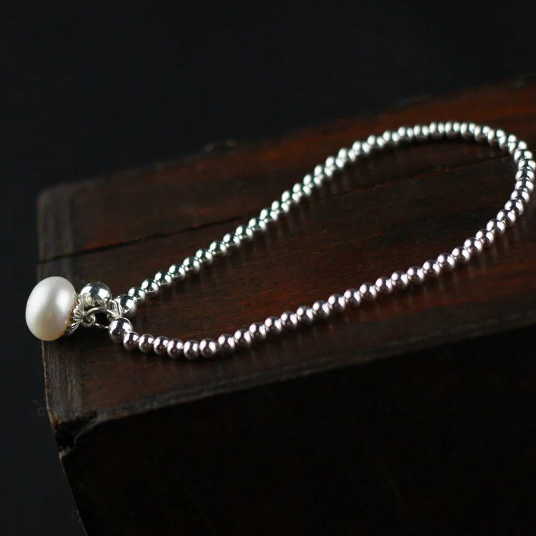 Freshwater Pearl Bead Bracelet in Sterling Silver June Birthstone Jewelry Gifts for Women