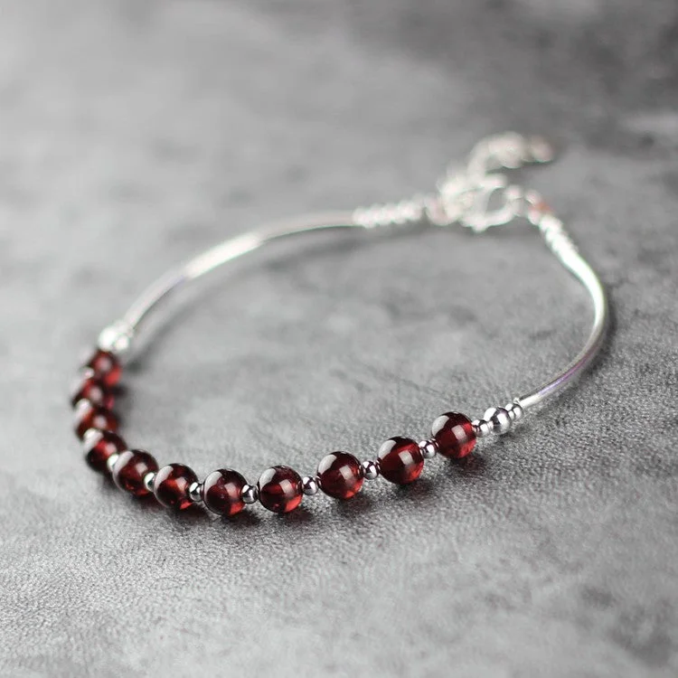 Sterling Silver Garnet Beaded Bracelet Handmade Jewelry January Birthstone for Women