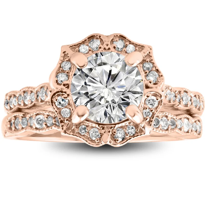 14k Rose Gold 2 cttw Diamond Clarity Enhanced Halo Vintage Engagement Ring & Wedding Band - White