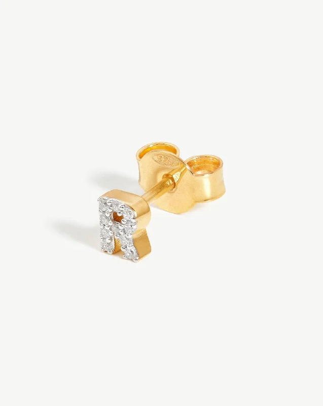 Pave Initial Single Stud Earring - Initial R | 18ct Gold Vermeil/Cubic Zirconia