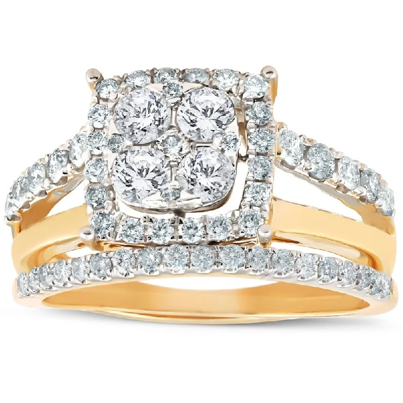 Pompeii3 10k Yellow Gold 1 1/10 Ct TDW Cushion Halo Diamond Engagement Ring & Matching Wedding Band Set