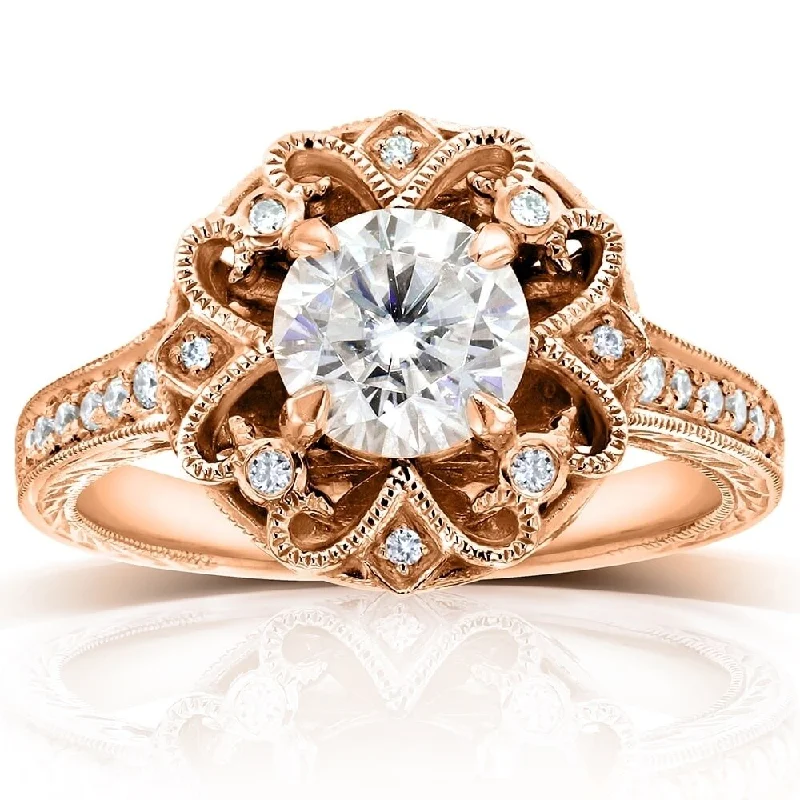 Annello by Kobelli 14k Rose Gold 1 1/5ct TGW Moissanite and Diamond Floral Vintage Engagement Ring