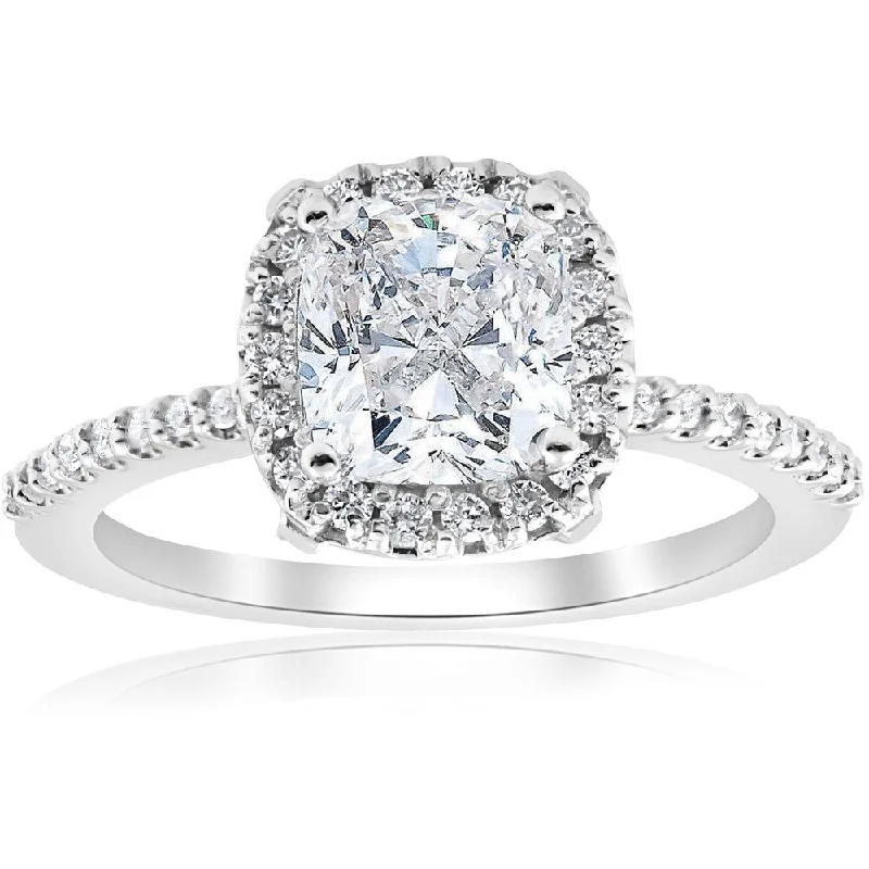 Pompeii3 14k White Gold 1 3/4 ct TDW Cushion Halo Diamond Clarity Enhanced Engagement Ring