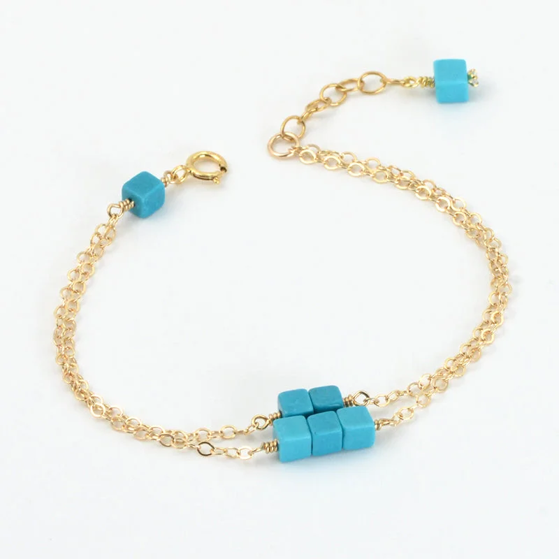 Double Strand Turquoise Bead Bracelet in 14K Gold Handmade Jewelry Women