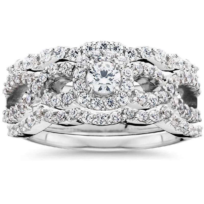 Pompeii3 10K White Gold 1 1/0ct TDW Diamond Bridal Engagement Ring Set