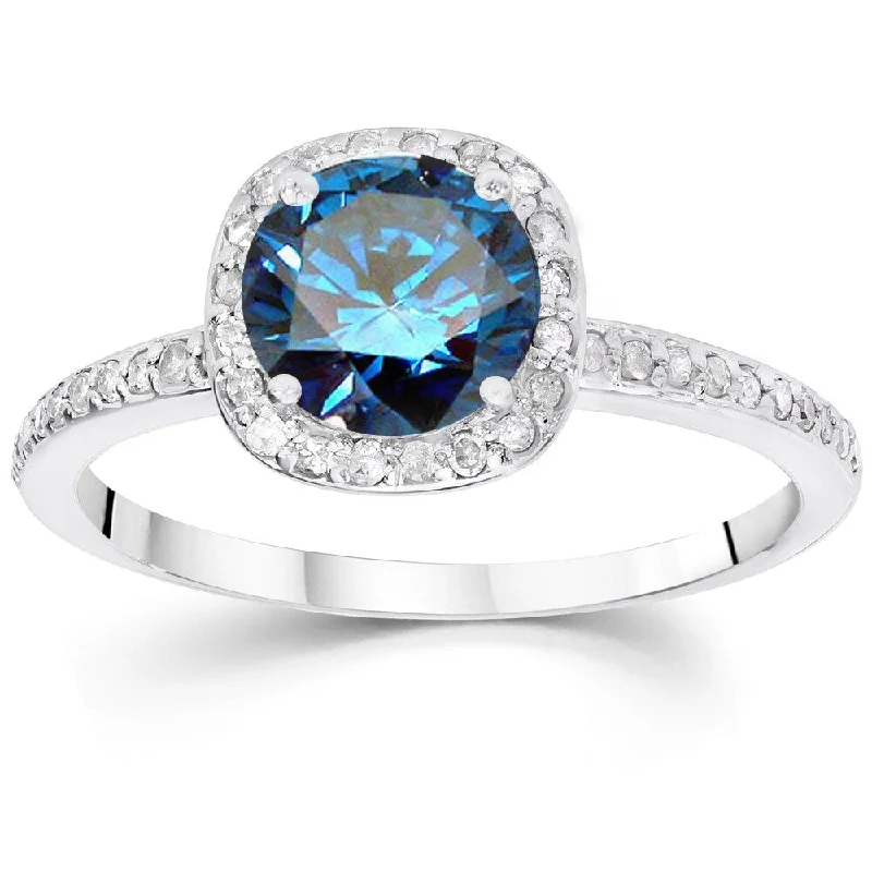 14k White Gold 1 1/4ct TDW Blue and White Diamond Halo Engagement Ring