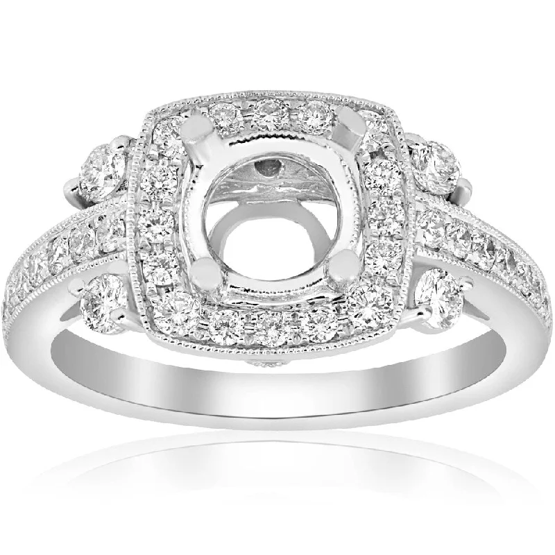 Pompeii3 18k White Gold .61 ct TDW Diamond Cushion Halo Unique Engagement Ring Setting Semi Mount Fits 7mm (F-VS)