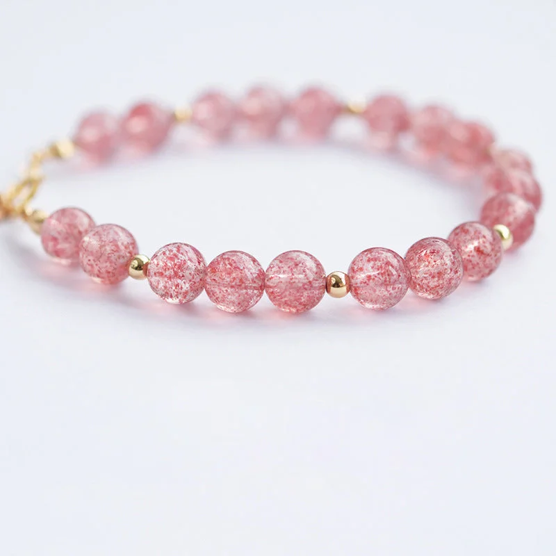 Pink Womens Strawberry Quartz Crystal Sterling Silver Bead Bracelet Handmade Jewelry Women