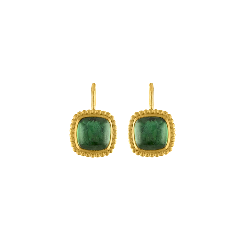 Green Tourmaline Granulated Cushion Hook Earrings