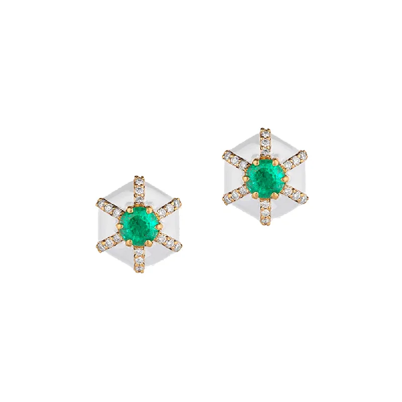 Emerald, Diamond, and White Enamel Earrings