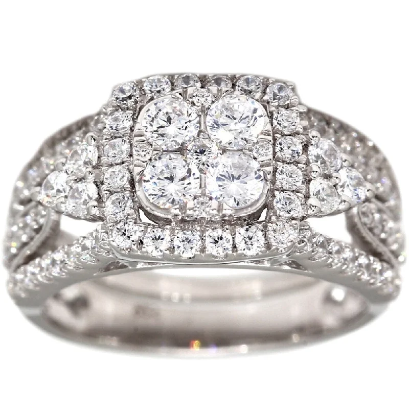 Pompeii3 10k White Gold 1.51 Ct. TDW Diamond Engagement Ring Cushion Halo Wedding Ring Set