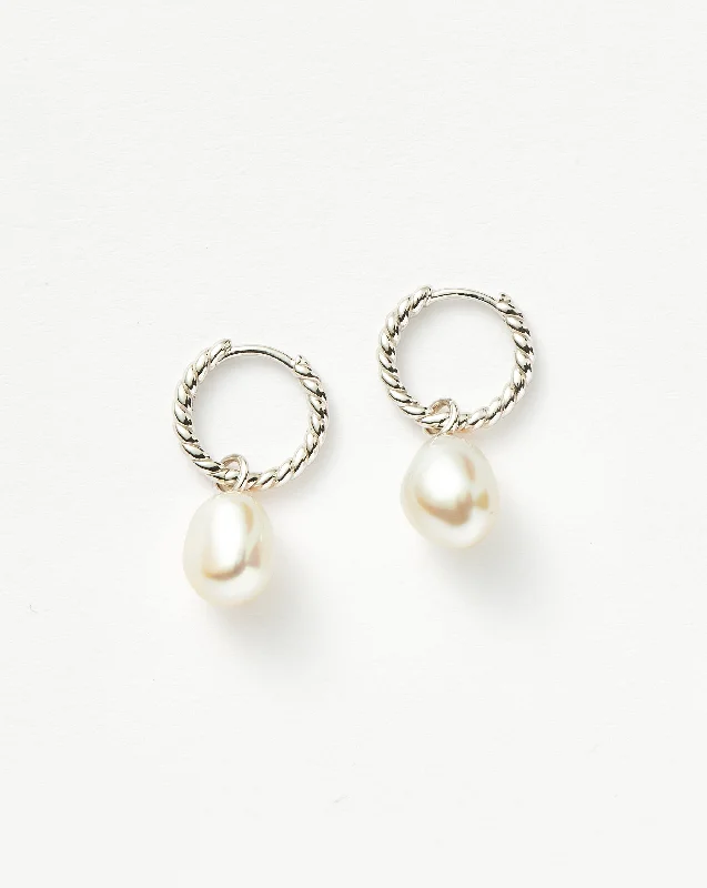 Pearl Twisted Small Drop Hoop Earrings | Sterling Silver/Pearl