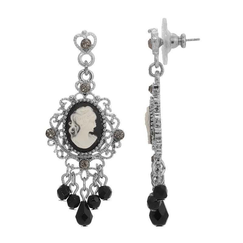 1928 Jewelry Black Cameo Crystal Beaded Post Drop Chandelier Earrings