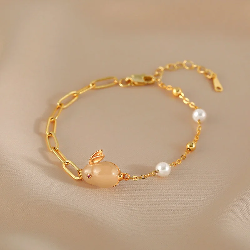 Cute Womens Bunny Shaped Jade Bracelet Real Pearl Bracelet Gold Plated