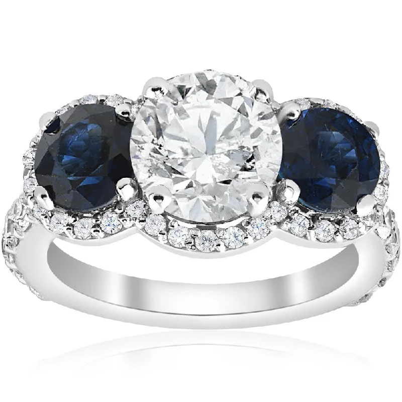 14k White Gold 3 3/8 ct TW Blue Sapphire & Diamond Clarity Enhanced Three Stone Engagement Ring (H-I, I1-I2)