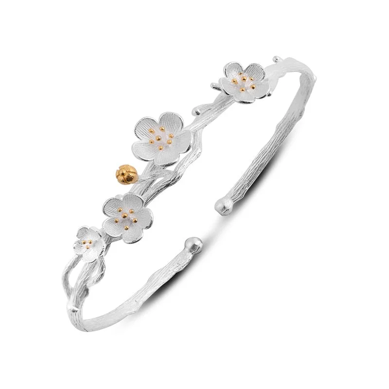 Sterling Silver Flower Bangle Bracelets Unique Jewelry Accessories Gifts For Women