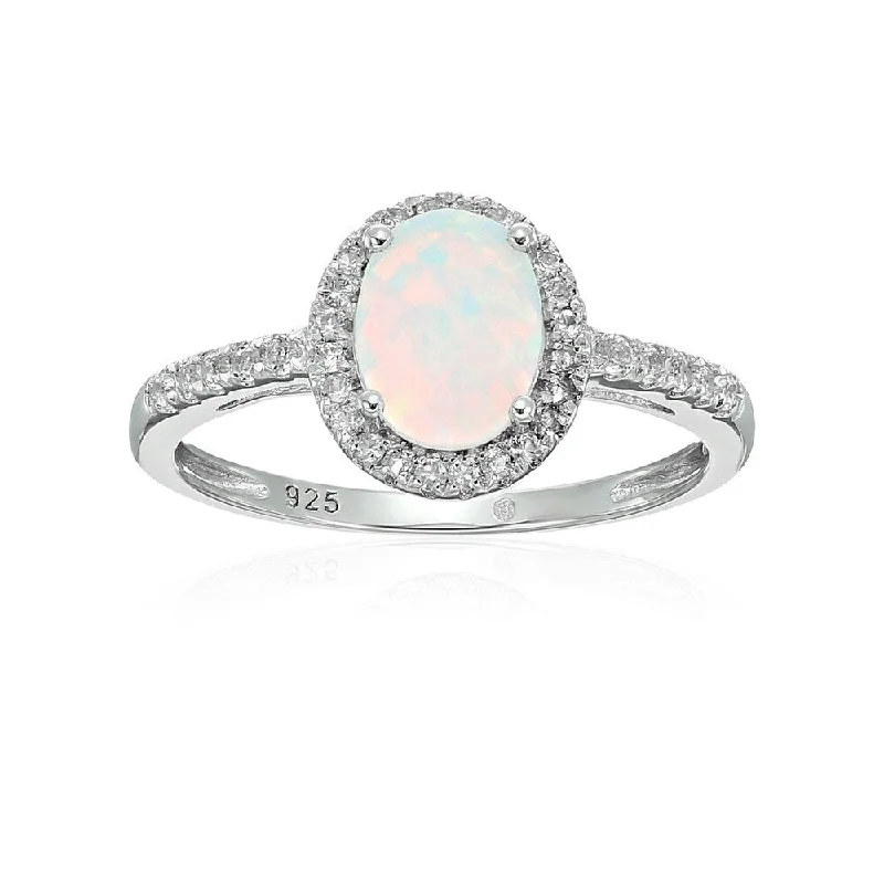 Sterling Silver Oval Created Opal and White Topaz Engagement Ring