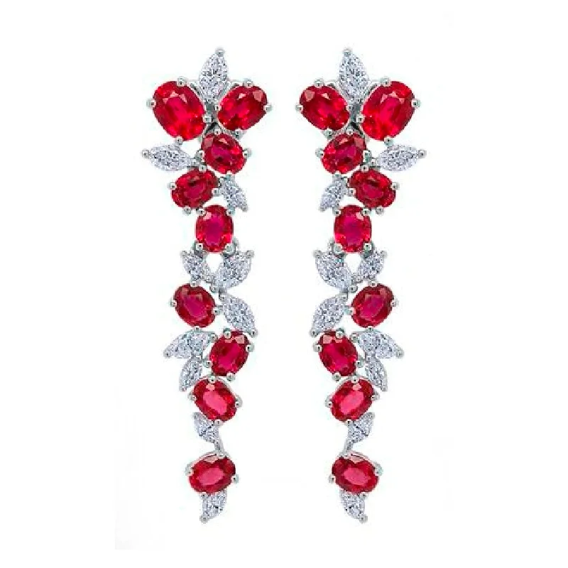 Ruby & Diamond Cluster Dangle Earrings