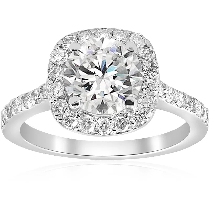 14k White Gold 2 ct TDW Diamond Cushion Halo Clarity Enhanced Engagement Ring