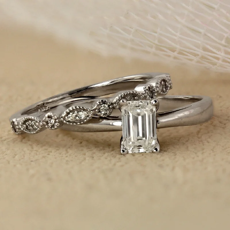 Auriya 14k Gold 7/8ctw Vintage Emerald-cut Solitaire Diamond Engagement Ring Set