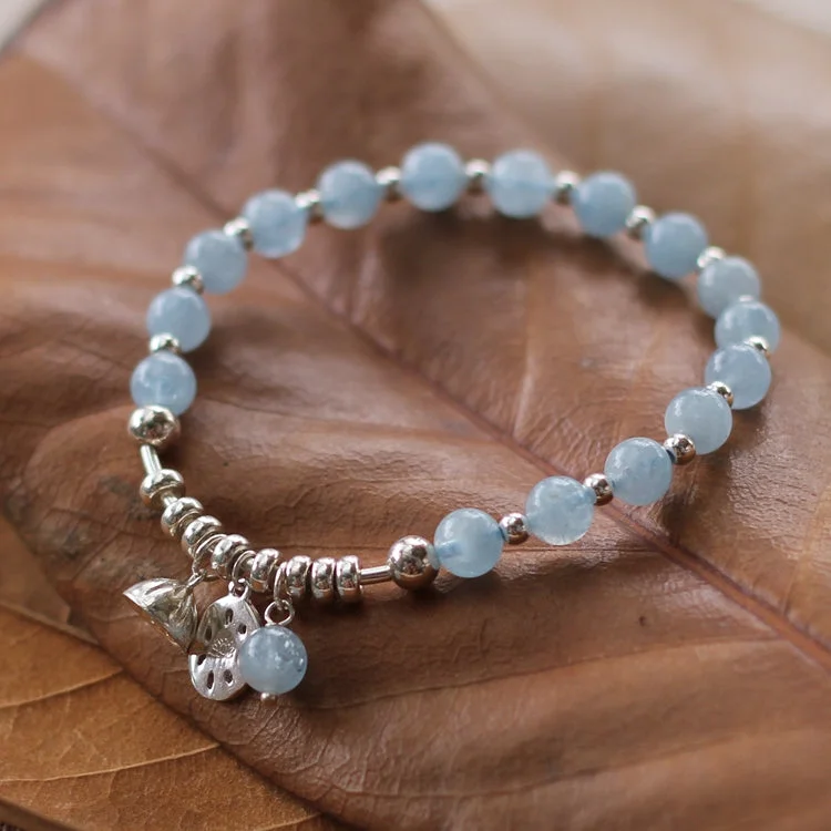 Sterling Silver Aquamarine Beaded Bracelet Handmade Jewelry for Women