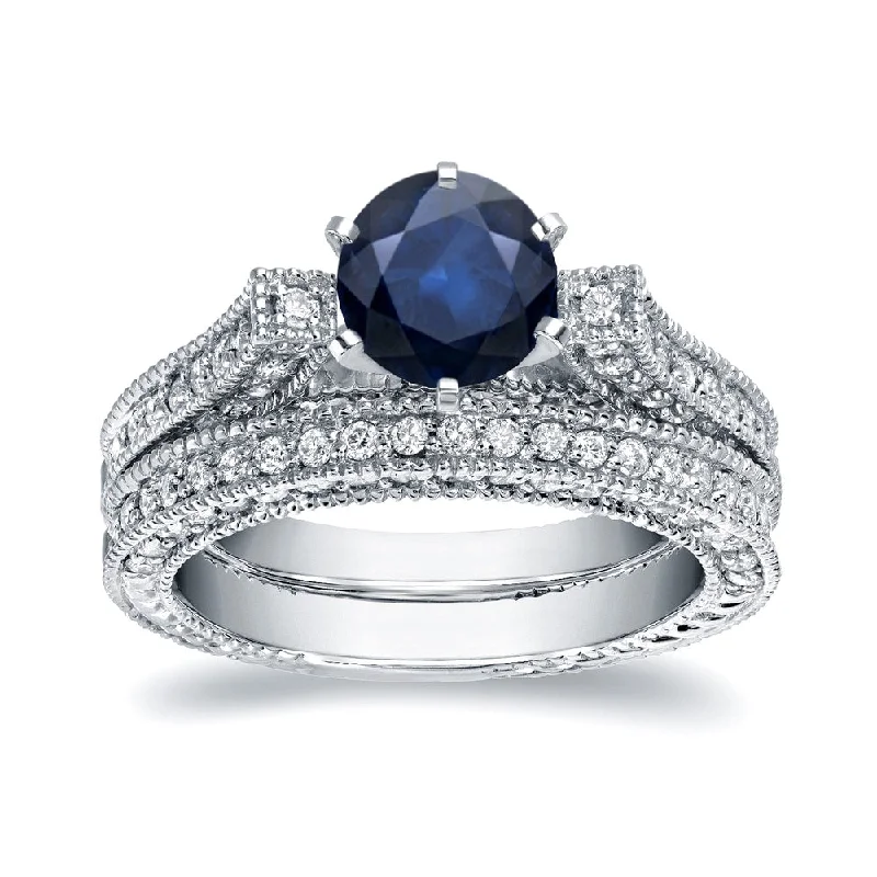 Auriya 14k Gold 1ct Vintage Sapphire and Diamond Engagement Ring Set 1ct TDW