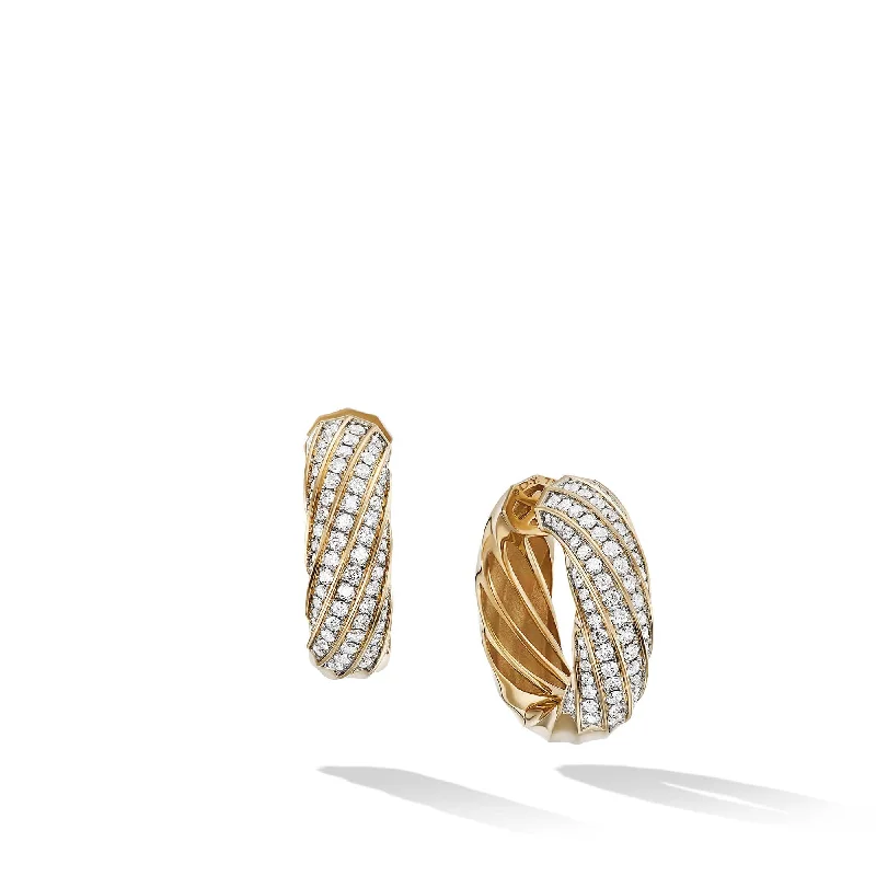 Cable Edge Hoop Earrings in Recycled 18K Yellow Gold with Pave Diamonds