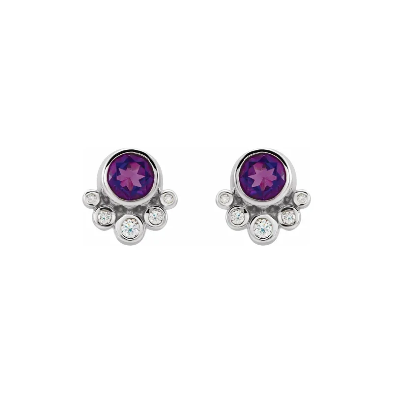 Amethyst & Diamond Bezel Stud Earrings