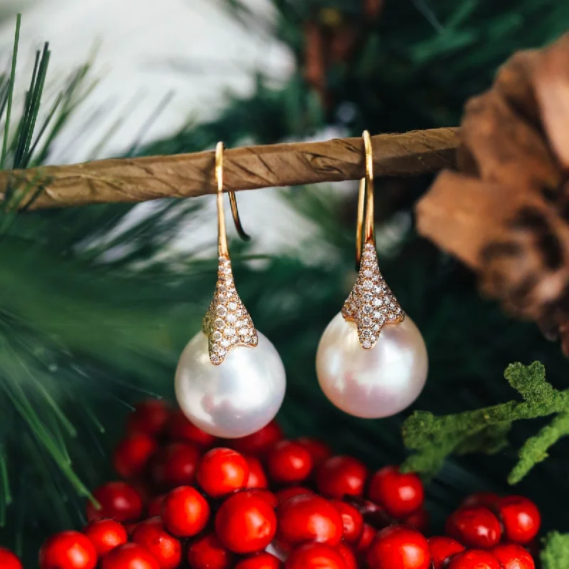 18K Pink Gold Pearl Drop Earrings with Diamonds