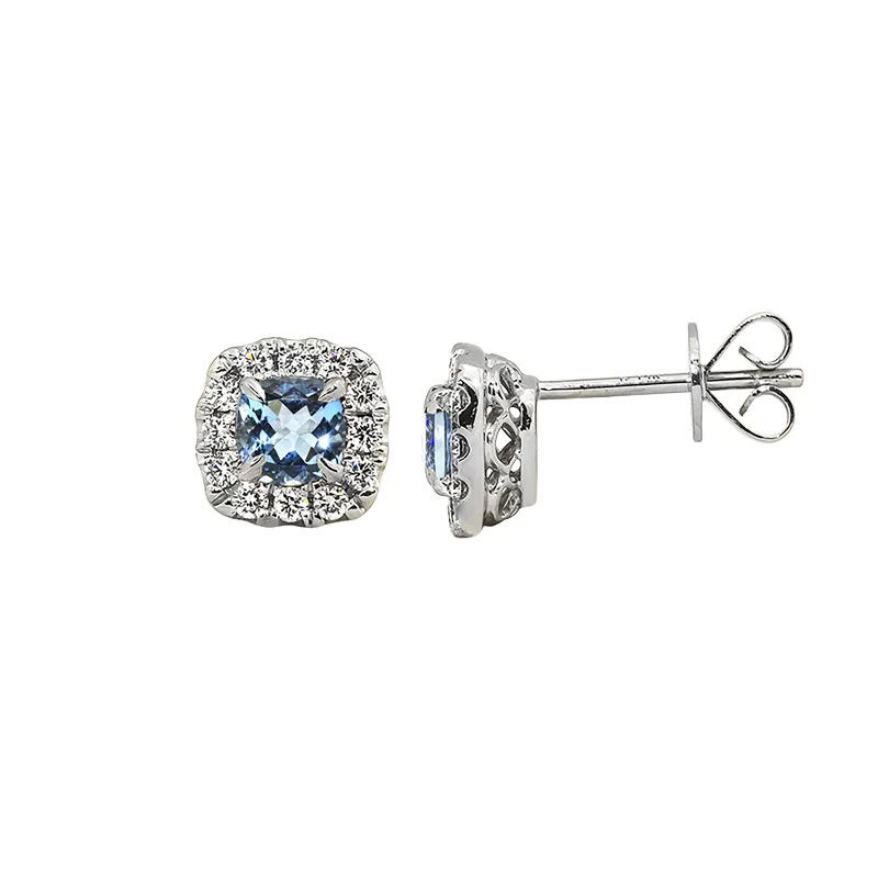 Aquamarine and Diamond Halo Studs