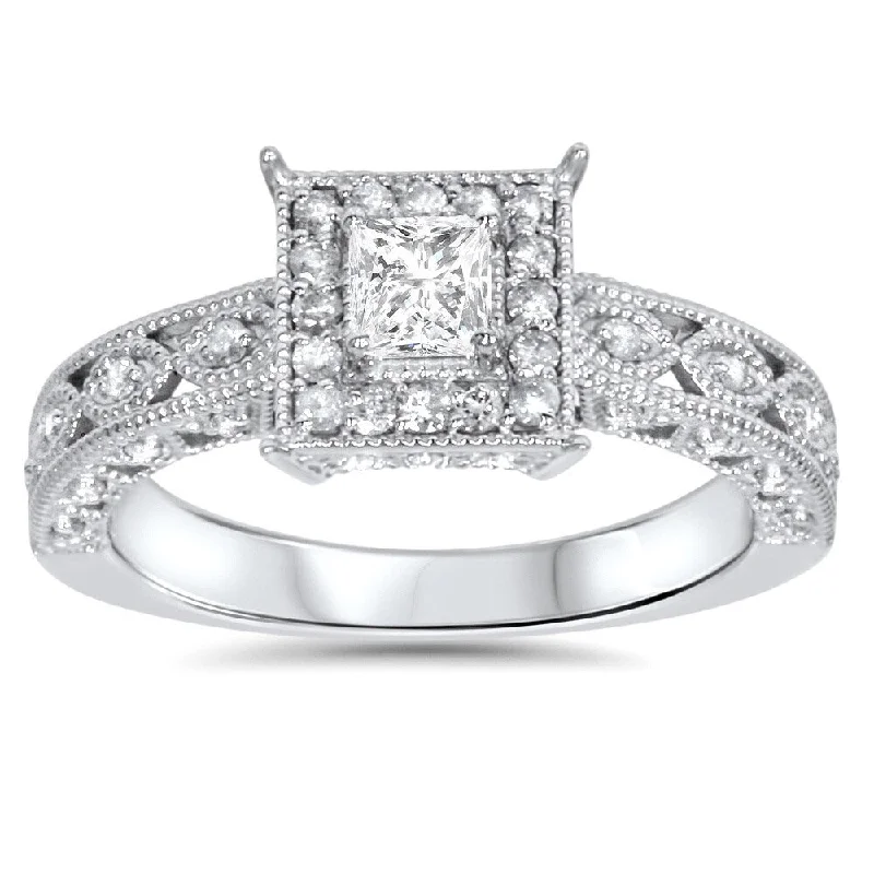 14k White Gold 5/8ct TDW Halo Vintage Princess-cut Diamond Engagement Ring