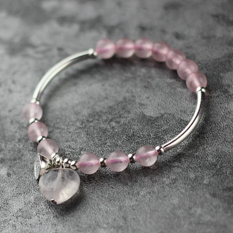 Sterling Silver Rose Quartz Crystal Beaded Bracelet Handmade Jewelry for Women