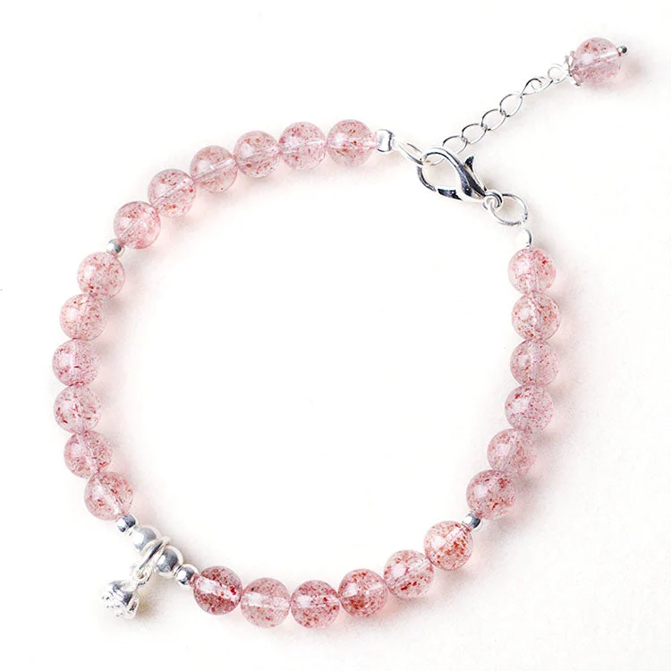 Sterling Silver Lotus Seed Strawberry Quartz Bead Bracelet Handmade Jewelry Women