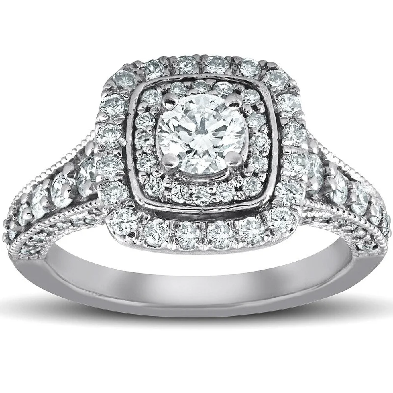 Pompeii3 14k White Gold 1 Ct TDW Cushion Halo Diamond Engagement Ring (SI1/G-H)