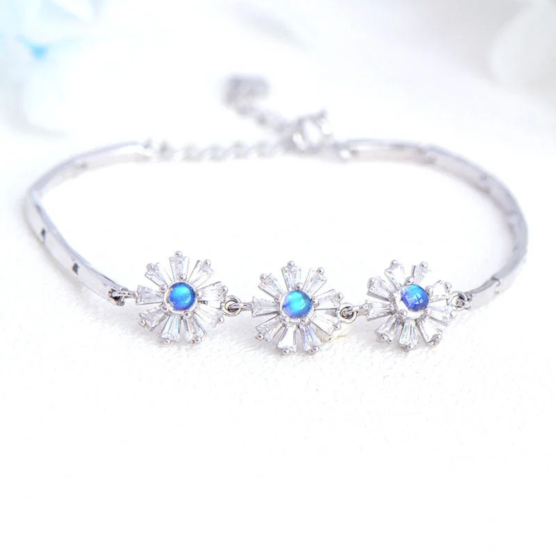 Moonstone Flowers Bracelet in White Gold Plated Silver June Birthstone Jewelry Women