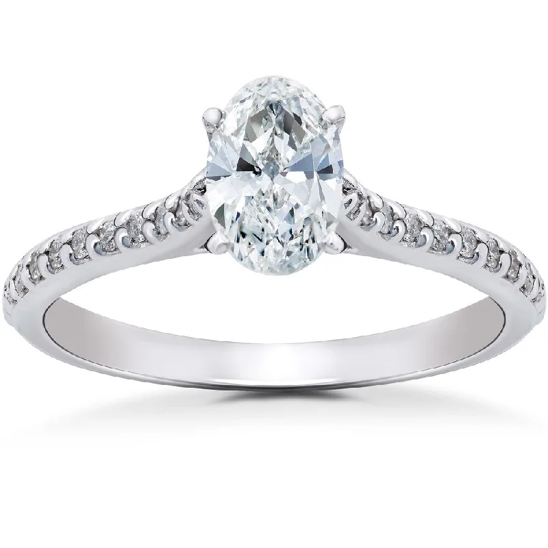 14k White Gold 1 1/4 ct TDW Oval Diamond Vintage Engagement Ring Solitaire Single Accent Row Setting (H-I, I1-I2)