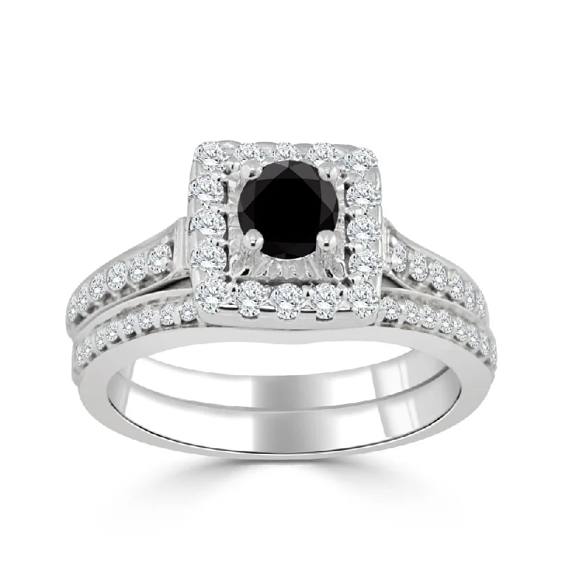 Auriya Round 1ctw Halo Black Diamond Engagement Ring Set 14k Gold