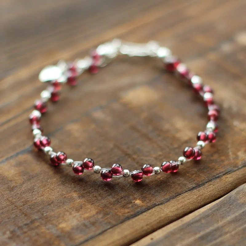 Sterling Silver Garnet Beaded Bracelet Unique Handmade Jewelry for Women