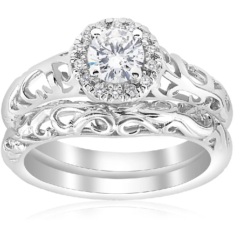 14k White Gold 5/8ct TDW Diamond Halo Engagement Ring Matching Wedding Band Vintage Filigree Set (I-J,I2-I3)