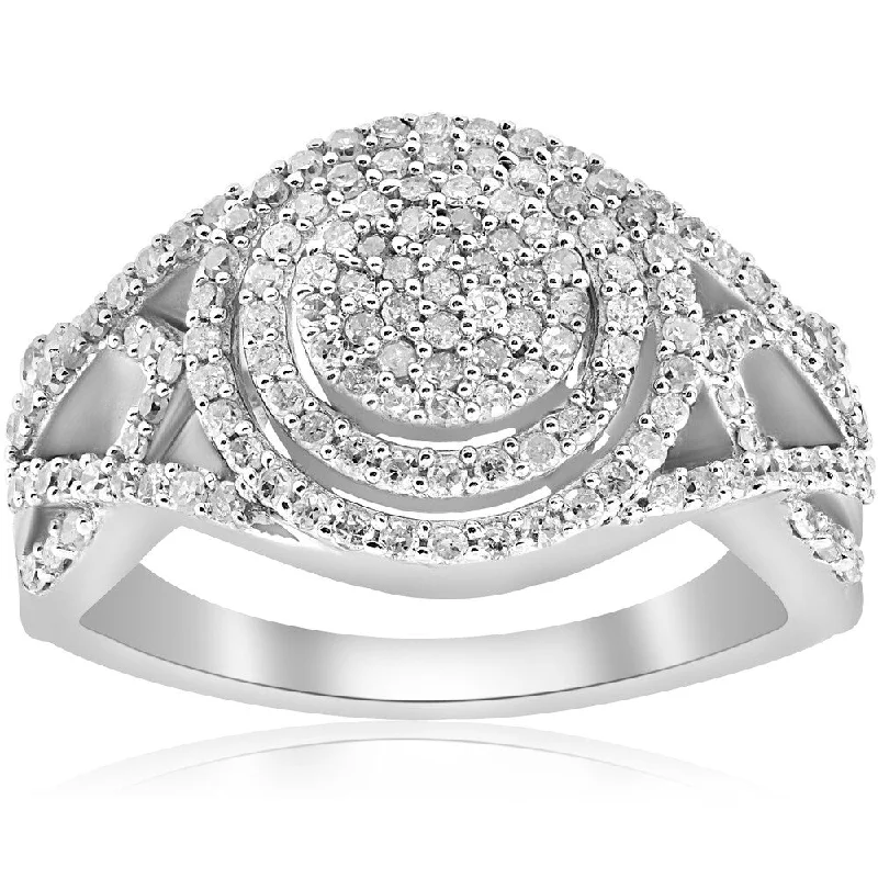 Pompeii3 10k White Gold 1/2 Ct TDW Round Halo Interwoven Band Diamond Engagement Ring