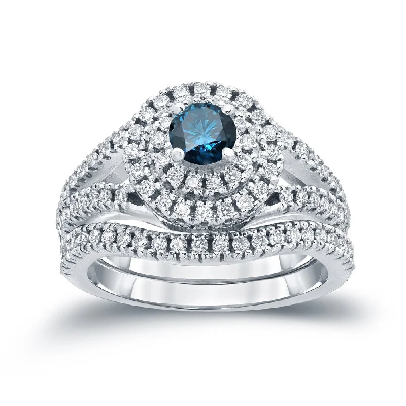 Auriya Round 1 1/5ctw Halo Blue Diamond Engagement Ring Set 14k Gold