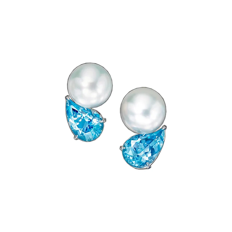 Paisley South Sea Pearl & Mozambique Aquamarine Clip-On Earrings