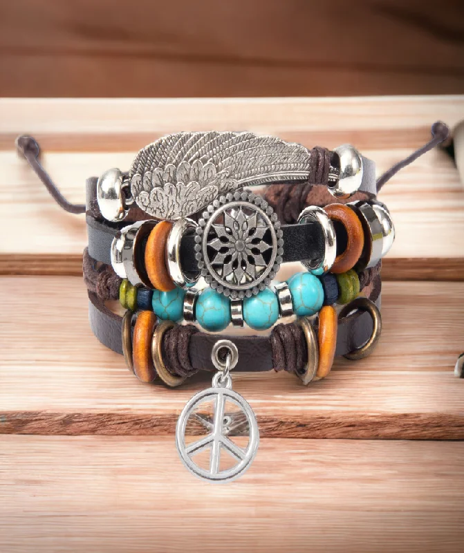 Leather Wrap Bracelet For Men and Women Dangly Peace Draw String Size Adjustable