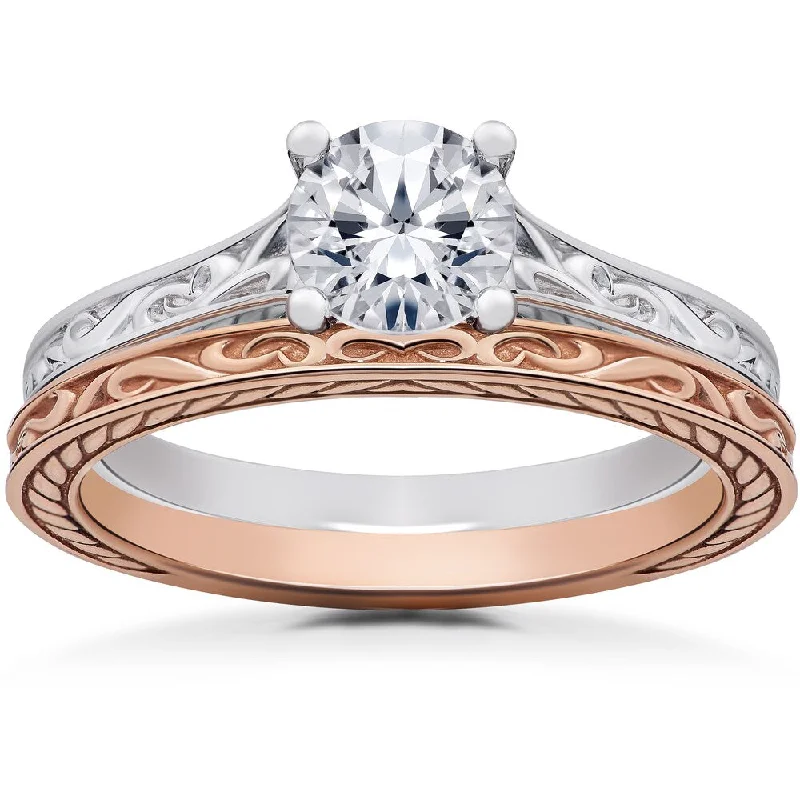 14k White & Rose Gold 1 ct Vintage Scroll Solitaire Lab Grown Engagement Ring & Matching Wedding Band (F-G, SI1-SI2)