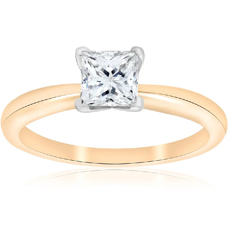 14K Yellow Gold 1 ct TDW Solitaire Princess Cut Diamond GIA Certified Engagement Ring (E-VS2) - White