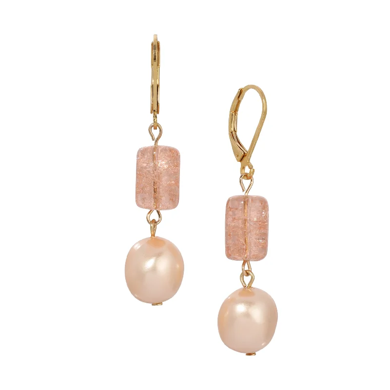 1928 Jewelry Peach Cracked Glass & Faux Pearl Dangling Earrings